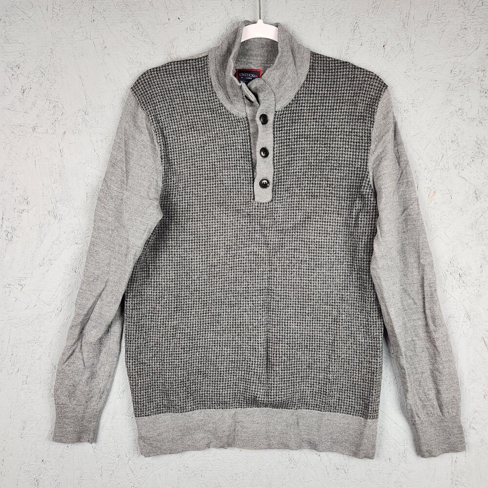 UNTUCKit Sweater Mens Large Gray Mazzocco Merino Wool Shawl Collar Henley Knit